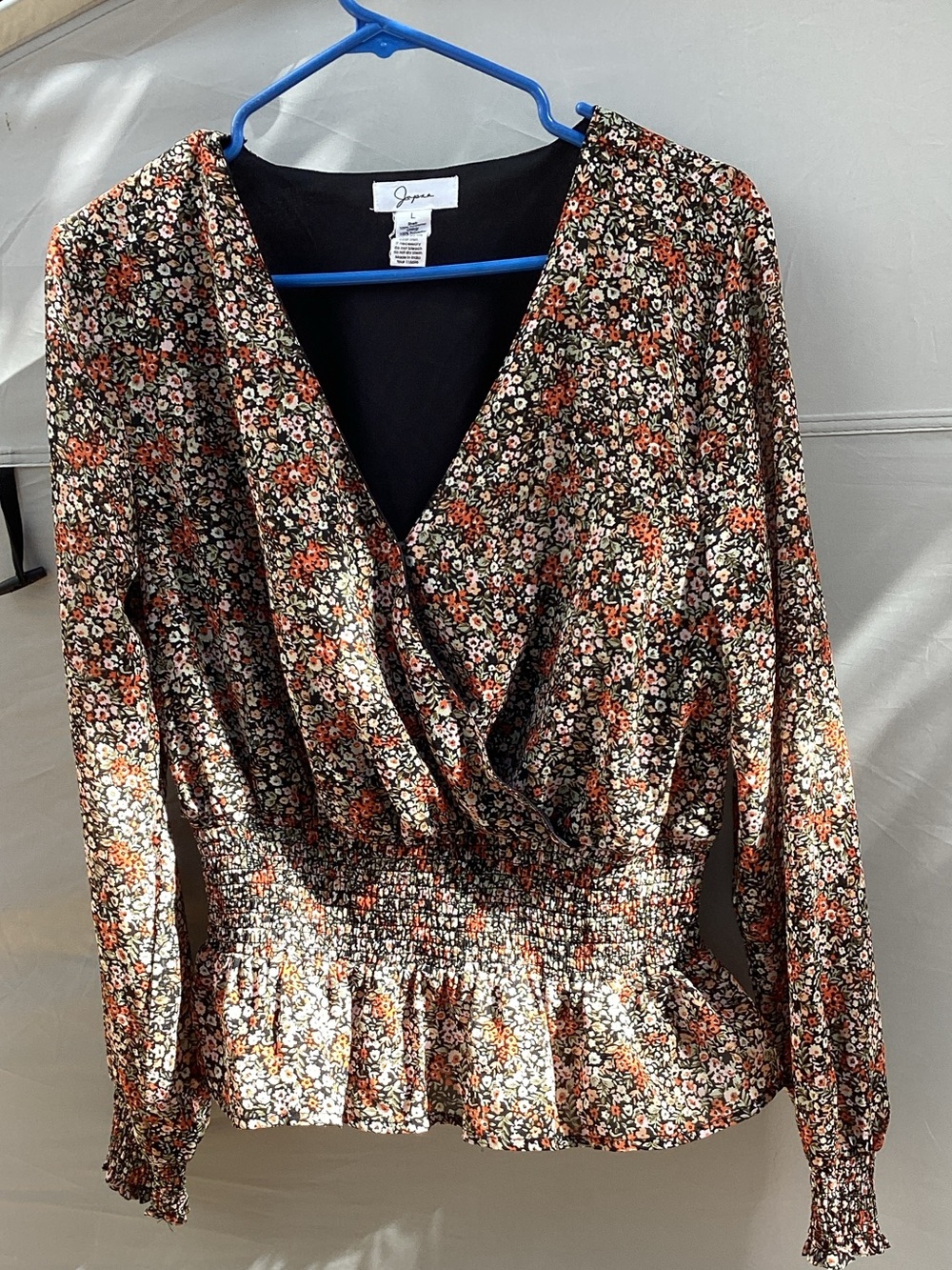 Japna Black Floral Long-Sleeve Wrap Blouse with Rust & Cream
